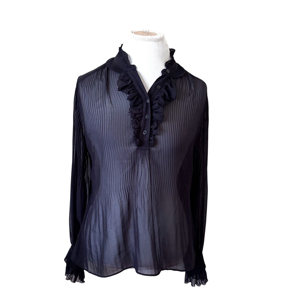Victorian Ruffle Womens Sheer Y2K Top Medium Black Romantic Whimsigoth Pleated